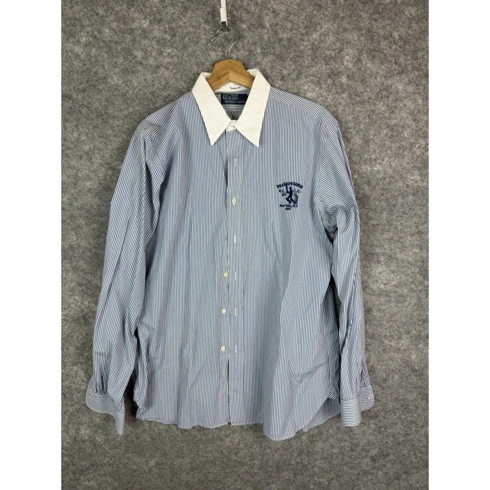 Vintage Polo Ralph Lauren Shirt Mens Large Striped NYC RL.CC Button Up Blue 90s
